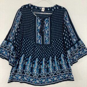Bila Top size XL Navy Tie Front Boho Paisley Flare Sleeve Festival Blouse